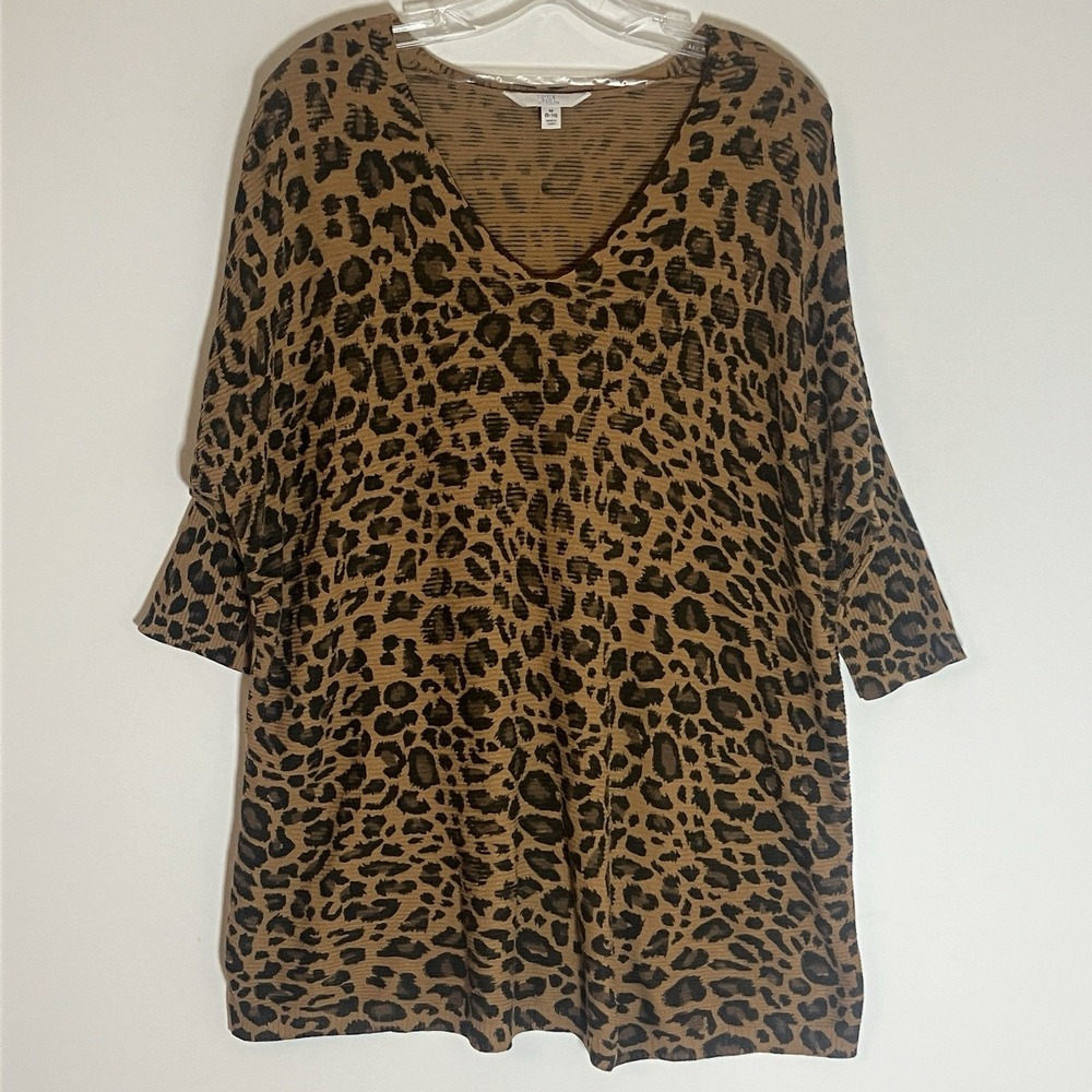 Time and Tru Sweater Womens Medium Tan Leopard Animal Print V Neck Tunic Top M